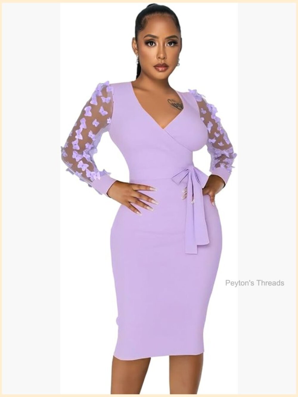 Wrap Dress Elegant Mesh Puff Long Sleeve V Neck Bodycon Pencil Midi Dresses